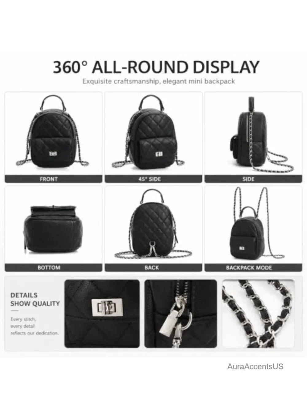 Quilted Mini Backpack Purse, Chain Strap Vegan Leather, 3 Ways to Wear